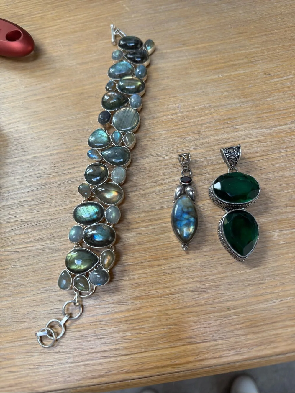 Sterling Silver Labradorite Bracelet & pendant w garnet & green diopside pendant - Picture 6 of 15